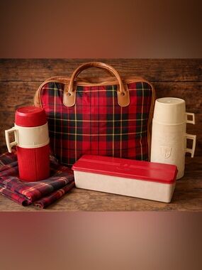 Vintage Thermos Lunch Set Plaid Bag Retro Picnic Camping Cabin Core